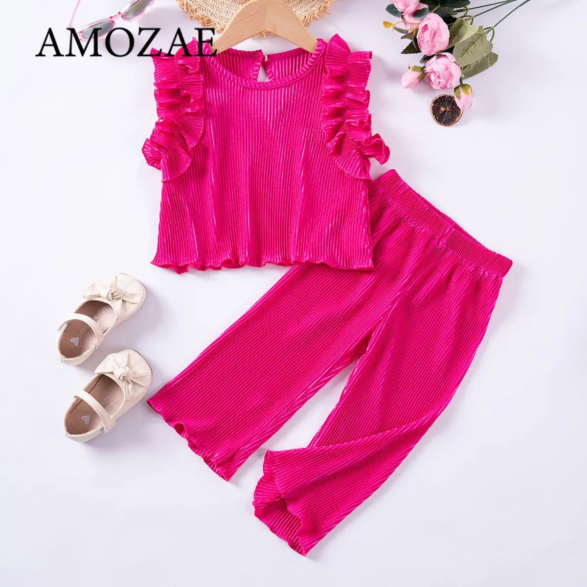 Girls Summer Suit Solid Color Sleeveless Top Trousers Elastic Waist Soft 1-7Y Baby Ruffled Ribbed 2PCS Set Kids Outfits Clothes