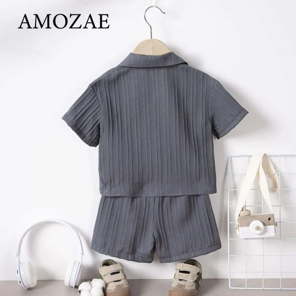 Summer Boys Girls Casual Short Sleeve Lapel Shirt and Shorts 2Piece Set with Pockets Childrens Play Outfit Comfortable Kids Wear