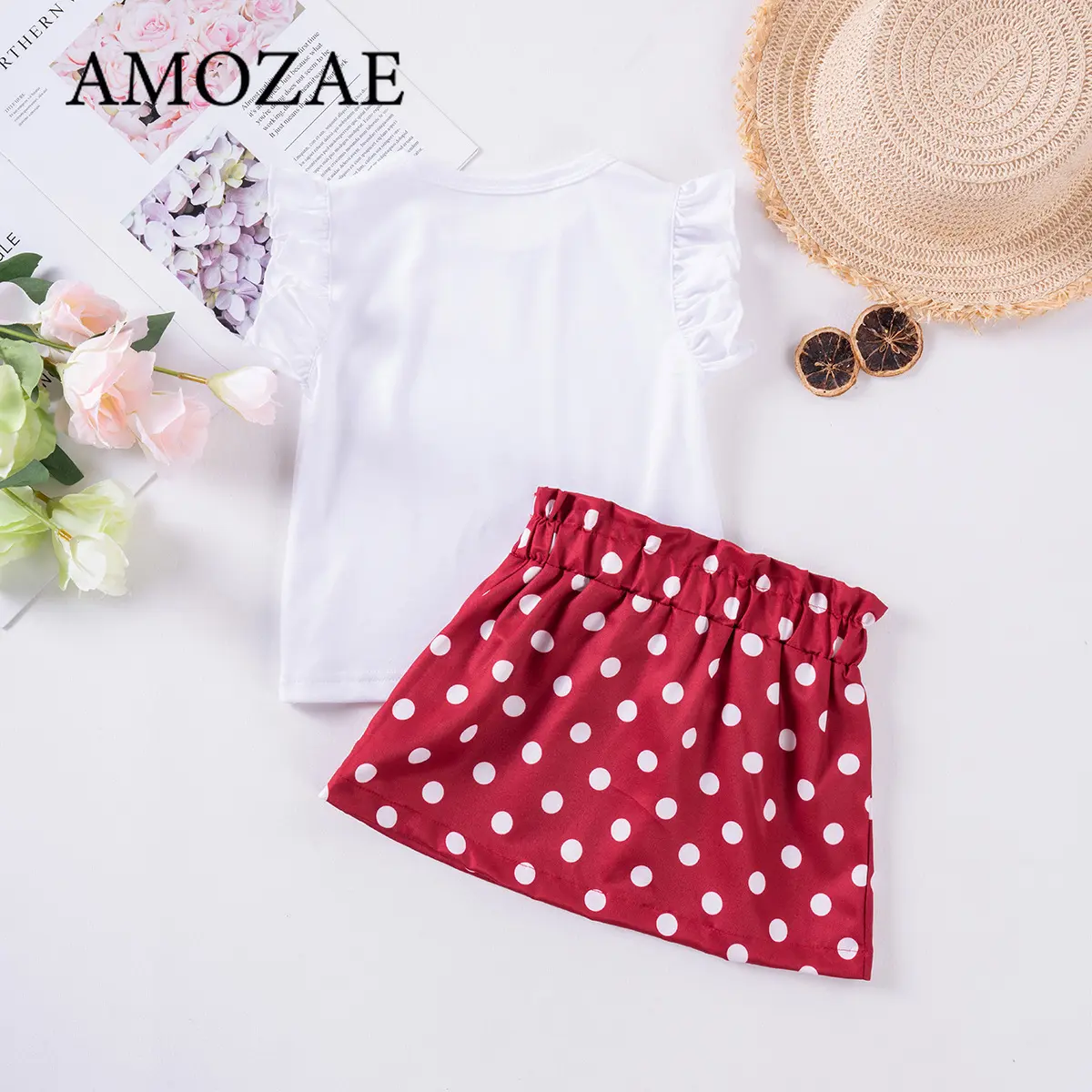 Toddler Girl Summer Outfit 2PC Set Cute Printed Top with Polka Dot Bow Skirt Fly Sleeve or Ruffle Sleeve Styles