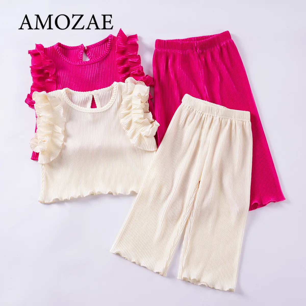 Girls Summer Suit Solid Color Sleeveless Top Trousers Elastic Waist Soft 1-7Y Baby Ruffled Ribbed 2PCS Set Kids Outfits Clothes