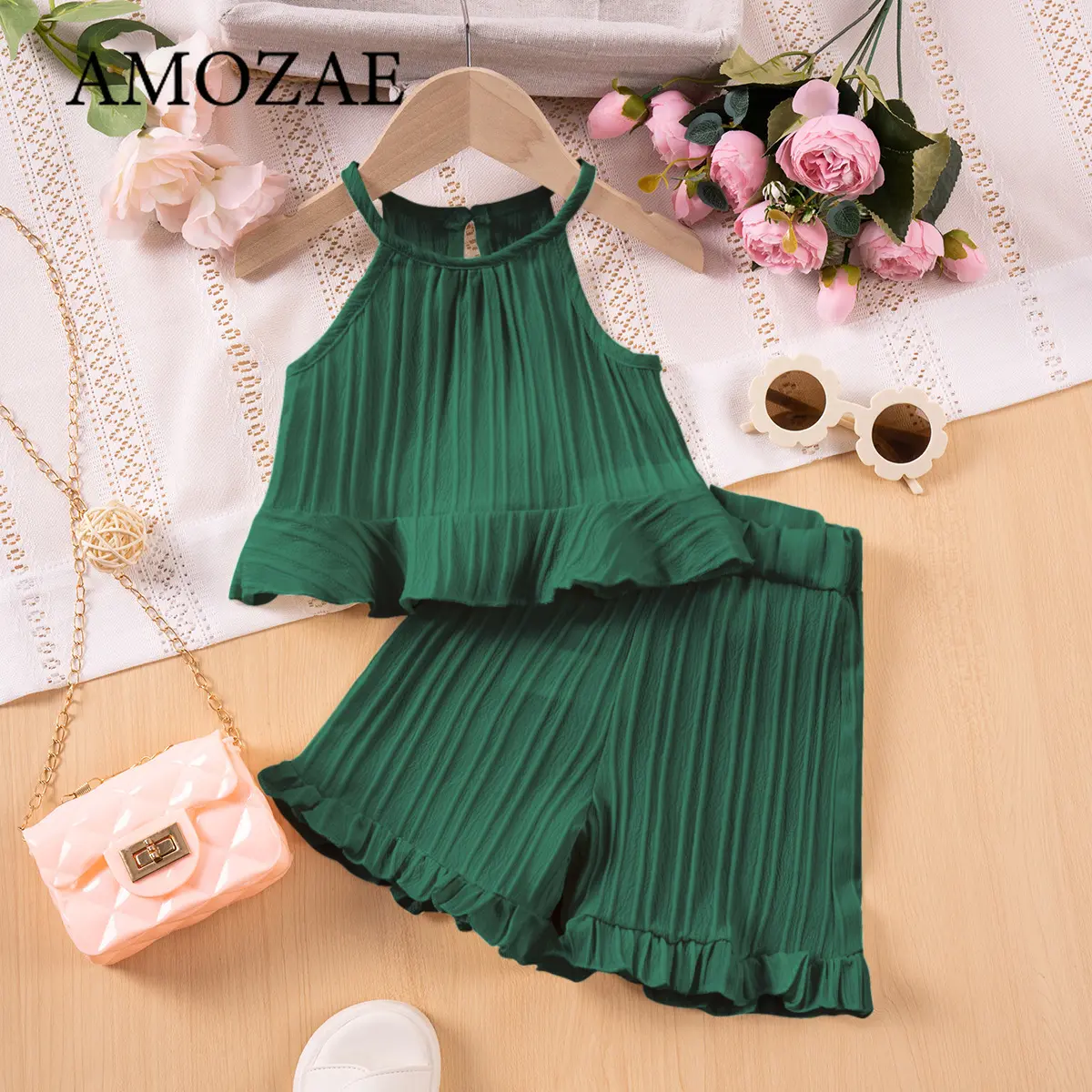 Summer Girls Princess 2Pcs Outfit Cute Suspenders Pants & Ruffle Top Set Solid Color Striped Casual Toddler Clothes 1-7Y