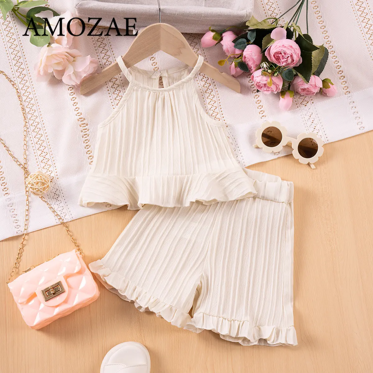 Summer Girls Princess 2Pcs Outfit Cute Suspenders Pants & Ruffle Top Set Solid Color Striped Casual Toddler Clothes 1-7Y