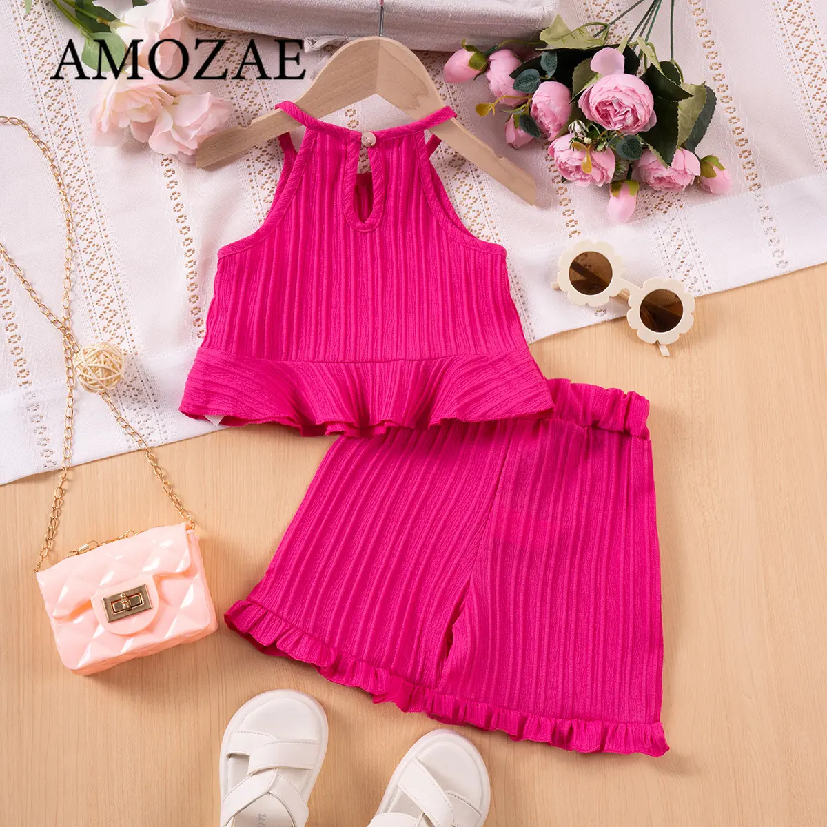 Summer Girls Princess 2Pcs Outfit Cute Suspenders Pants & Ruffle Top Set Solid Color Striped Casual Toddler Clothes 1-7Y