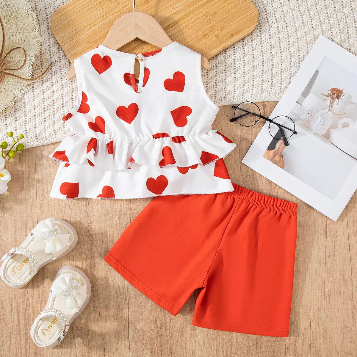 Baby Girl Summer Outfits 1-7Y Two Piece Set Solid Color Vest Top Printed Shorts or Sleeve Jumpsuit Print Hearts Fashion Clothes