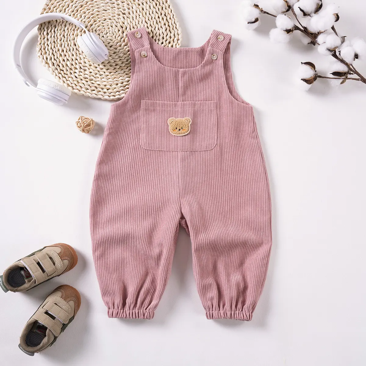Summer Baby Bear Graphic Denim Bib Overalls with Pocket Patchwork Corduroy Bodysuit Casual Romper for Toddler Infant Boys Girls