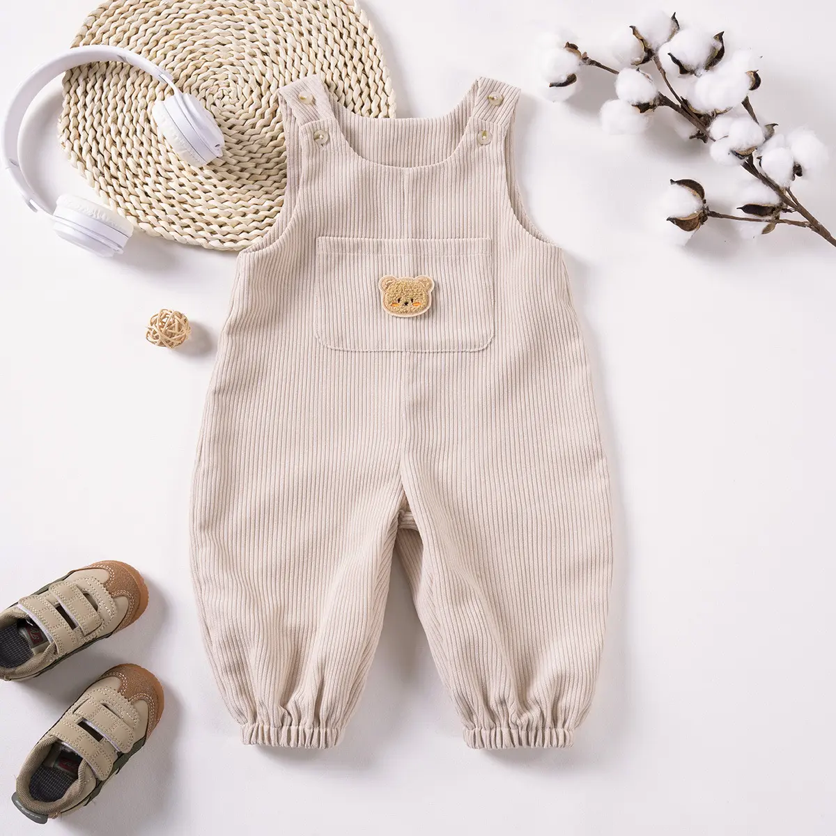 Summer Baby Bear Graphic Denim Bib Overalls with Pocket Patchwork Corduroy Bodysuit Casual Romper for Toddler Infant Boys Girls