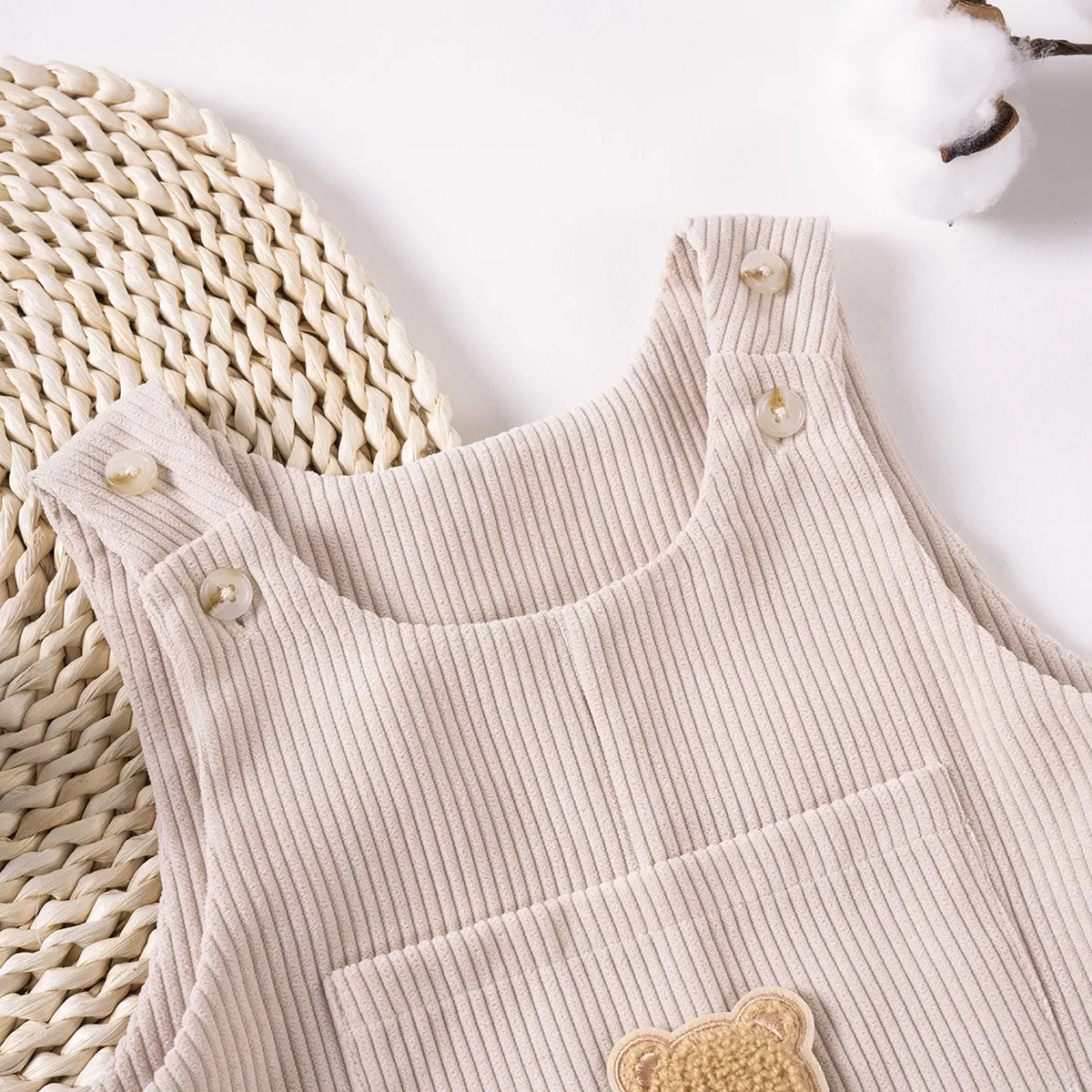 Summer Baby Bear Graphic Denim Bib Overalls with Pocket Patchwork Corduroy Bodysuit Casual Romper for Toddler Infant Boys Girls