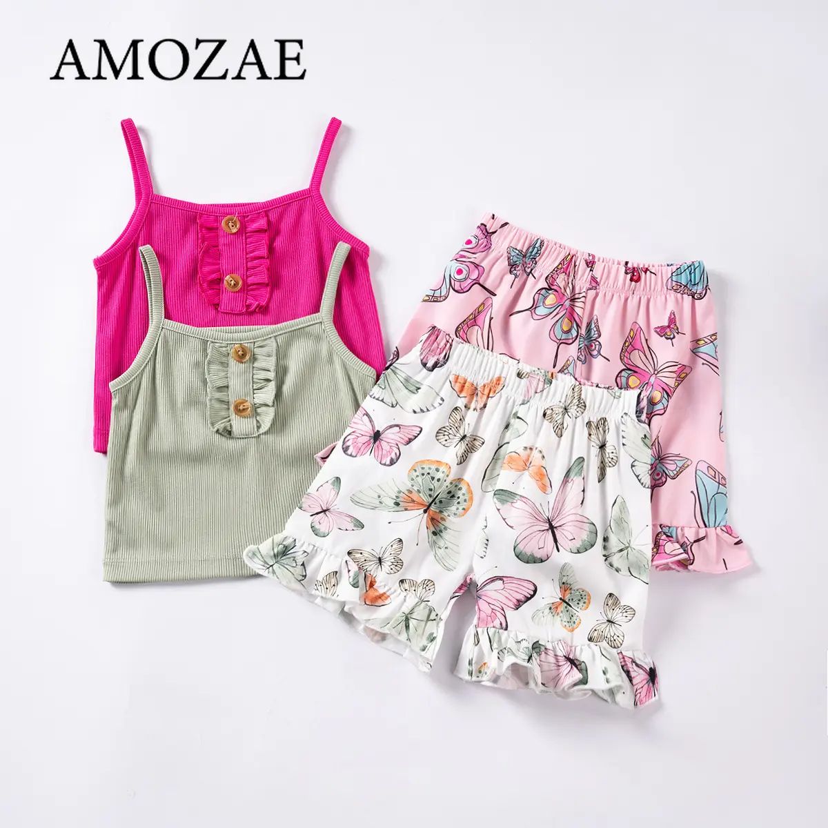 Baby Girls Summer Outfit 0-6Y 2PCS Set Solid Suspenders Top Colorful Ruffled Sleeveless with Butterfly Print Shorts Casual Wear