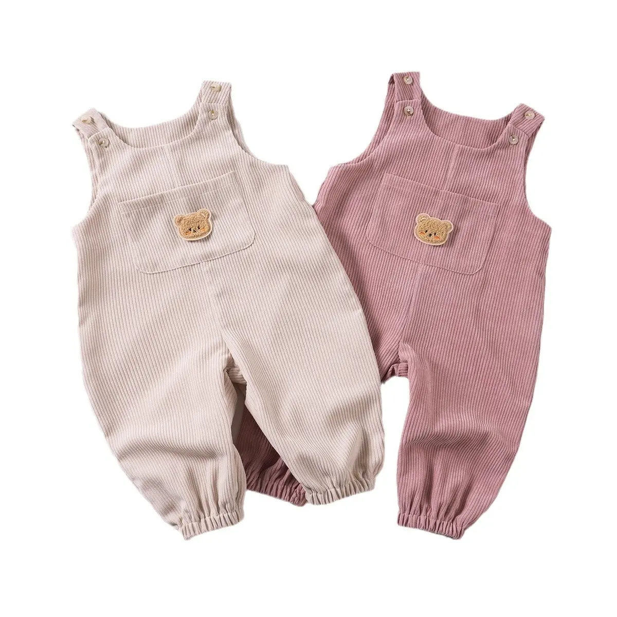 Summer Baby Bear Graphic Denim Bib Overalls with Pocket Patchwork Corduroy Bodysuit Casual Romper for Toddler Infant Boys Girls