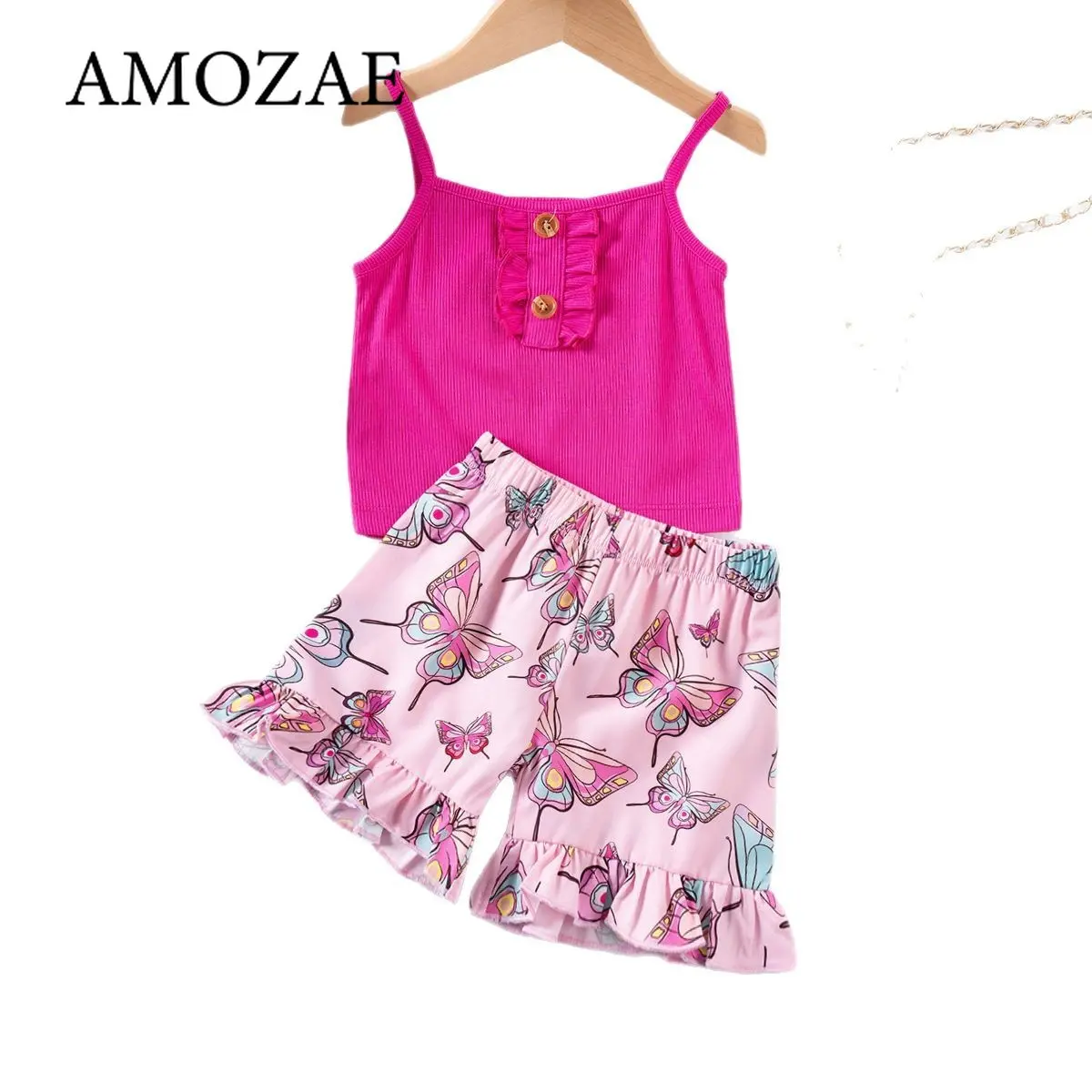 Baby Girls Summer Outfit 0-6Y 2PCS Set Solid Suspenders Top Colorful Ruffled Sleeveless with Butterfly Print Shorts Casual Wear
