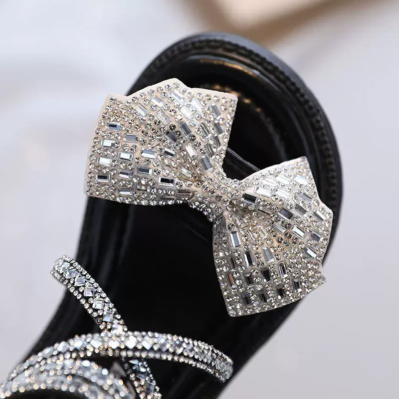 Girls Bowtie Gladiator Sandals Summer Rhinestone Strap Soft Sole Leather Roman Princess Shoes for Kids Thick Bottom Open Toe