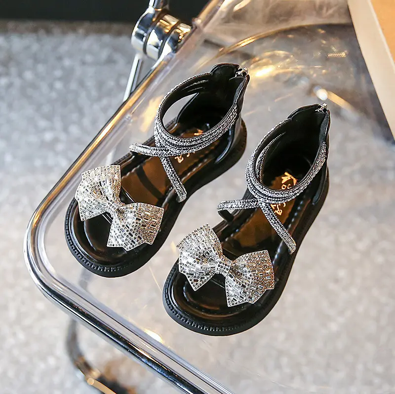 Girls Bowtie Gladiator Sandals Summer Rhinestone Strap Soft Sole Leather Roman Princess Shoes for Kids Thick Bottom Open Toe