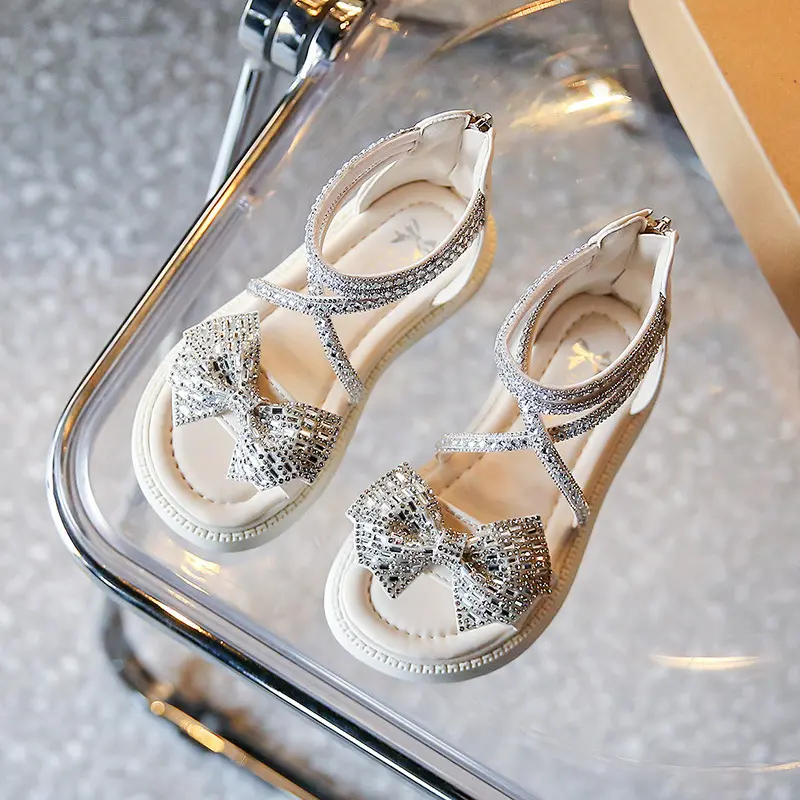 Girls Bowtie Gladiator Sandals Summer Rhinestone Strap Soft Sole Leather Roman Princess Shoes for Kids Thick Bottom Open Toe