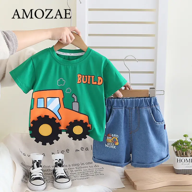 Summer Toddler Boy Outfits Casual Tractor Print New Fashion Childrens Boys T-shirts Tops and Shorts Two Piece Clothes Set