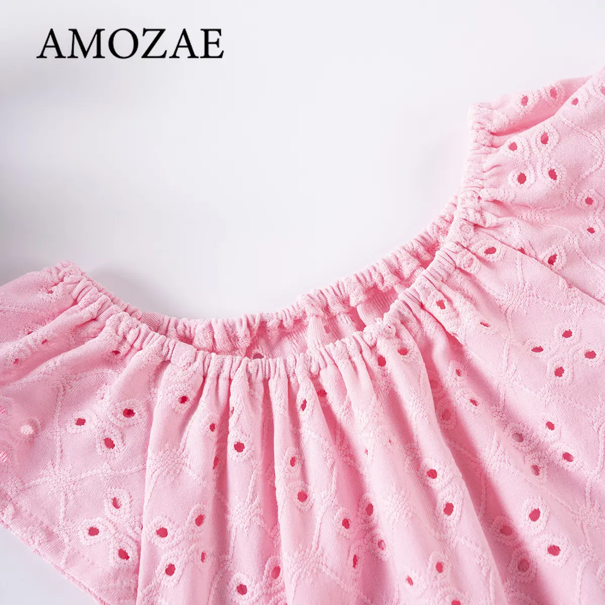 2PCS Summer Baby Girl Solid Color Hollow Embroidered Top and Pure White Ruffle Shorts Soft Breathable Outfit for Daily Birthday
