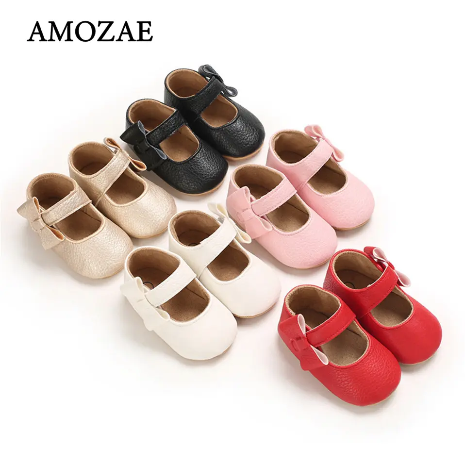 Spring Baby Shoes Rubber Sole Baby Shoes Baby Girl Bowknow PU Crib Shoes Princess Mary Jane Flats with Non-Slip Bottom