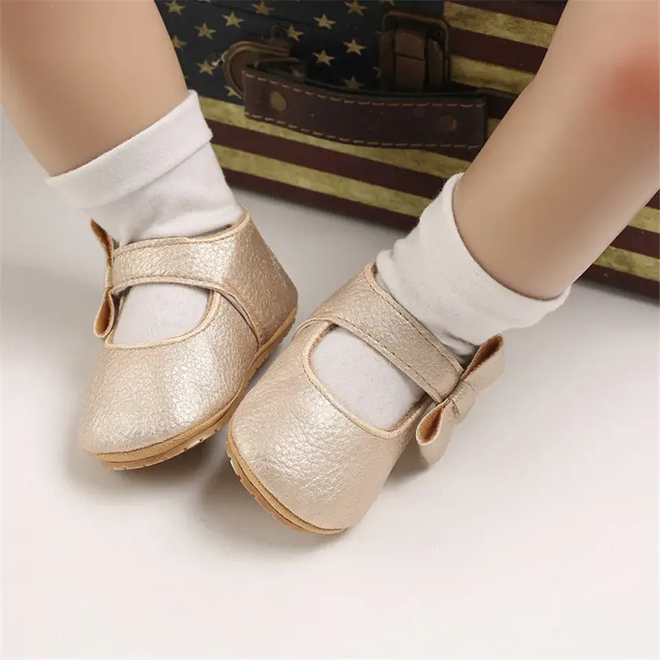 Spring Baby Shoes Rubber Sole Baby Shoes Baby Girl Bowknow PU Crib Shoes Princess Mary Jane Flats with Non-Slip Bottom