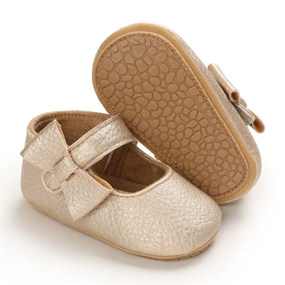Spring Baby Shoes Rubber Sole Baby Shoes Baby Girl Bowknow PU Crib Shoes Princess Mary Jane Flats with Non-Slip Bottom