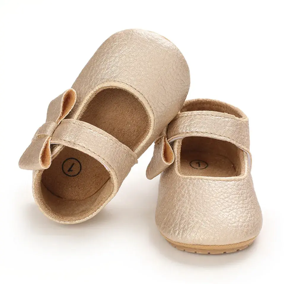 Spring Baby Shoes Rubber Sole Baby Shoes Baby Girl Bowknow PU Crib Shoes Princess Mary Jane Flats with Non-Slip Bottom