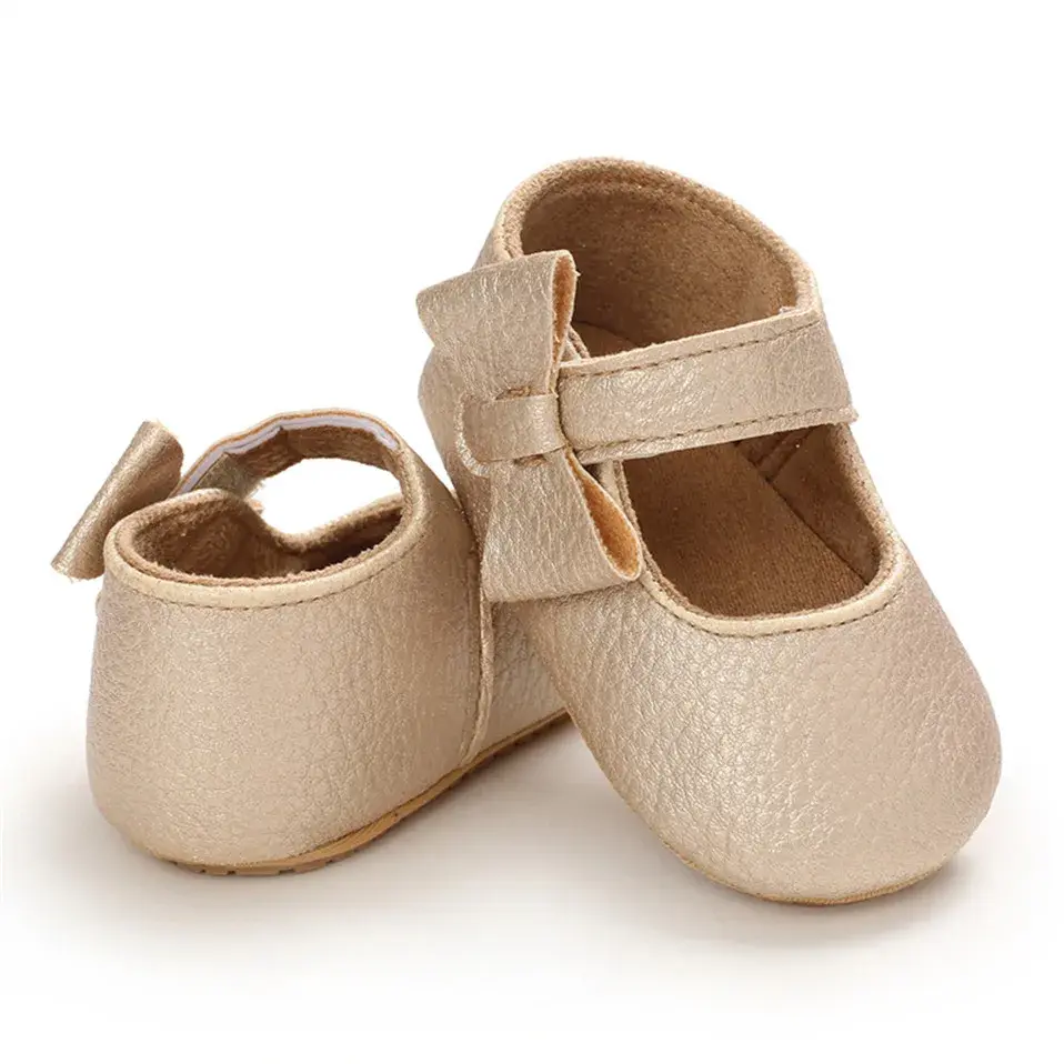 Spring Baby Shoes Rubber Sole Baby Shoes Baby Girl Bowknow PU Crib Shoes Princess Mary Jane Flats with Non-Slip Bottom