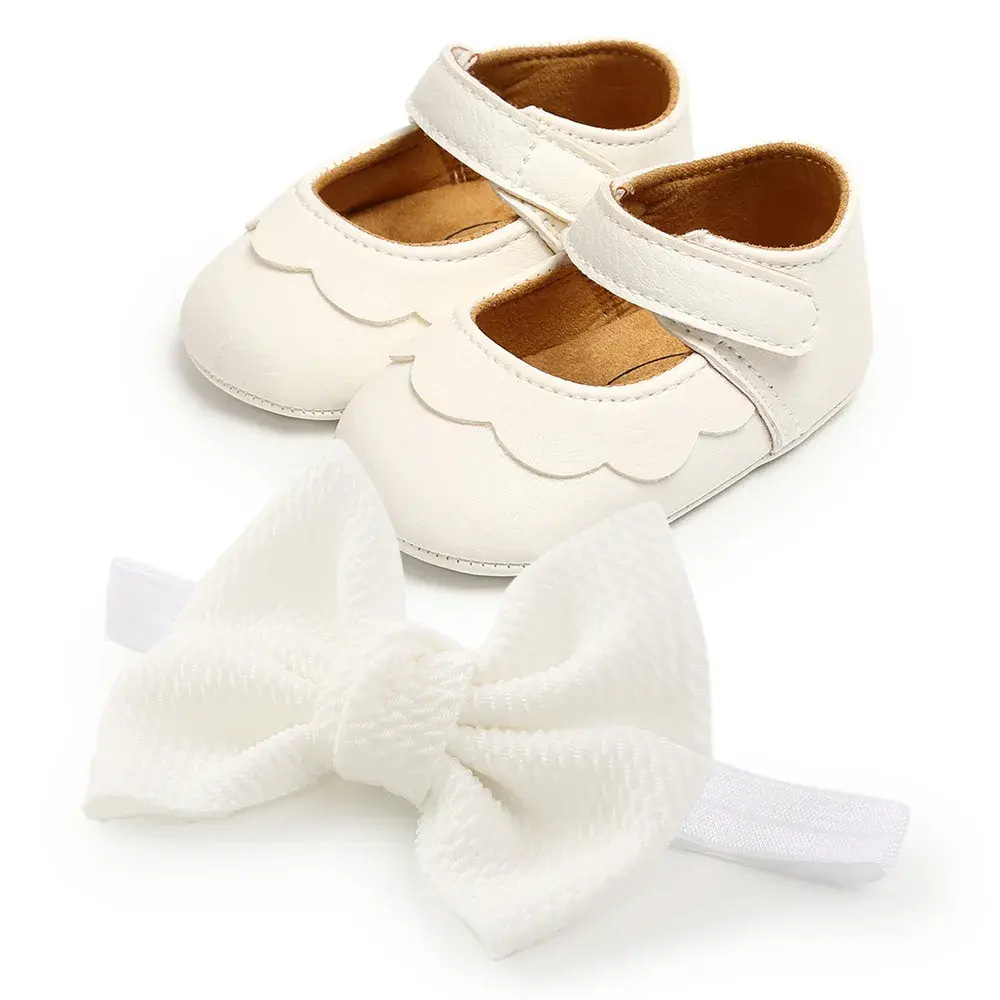 Baby Girl Bowknot Shoes PU Leather First Walkers With Bow Black Pink White Soft Soled Non-slip Headband Two-piece Set 0-1Y