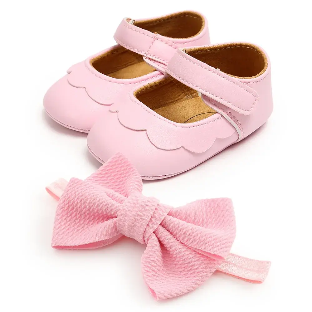 Baby Girl Bowknot Shoes PU Leather First Walkers With Bow Black Pink White Soft Soled Non-slip Headband Two-piece Set 0-1Y