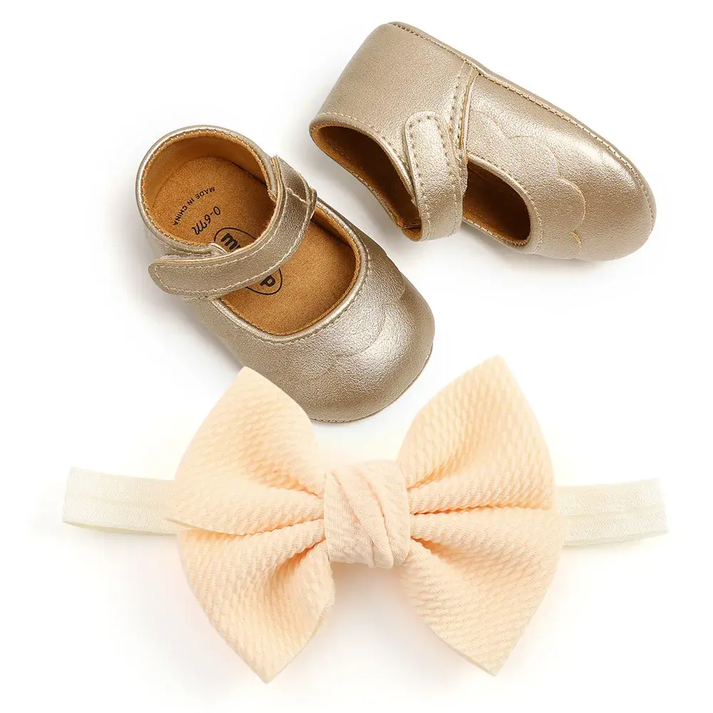 Baby Girl Bowknot Shoes PU Leather First Walkers With Bow Black Pink White Soft Soled Non-slip Headband Two-piece Set 0-1Y