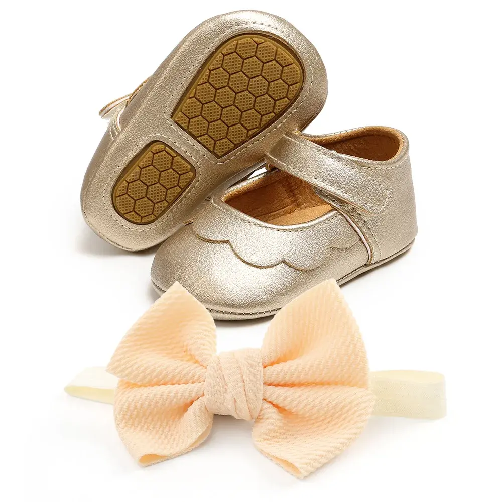 Baby Girl Bowknot Shoes PU Leather First Walkers With Bow Black Pink White Soft Soled Non-slip Headband Two-piece Set 0-1Y