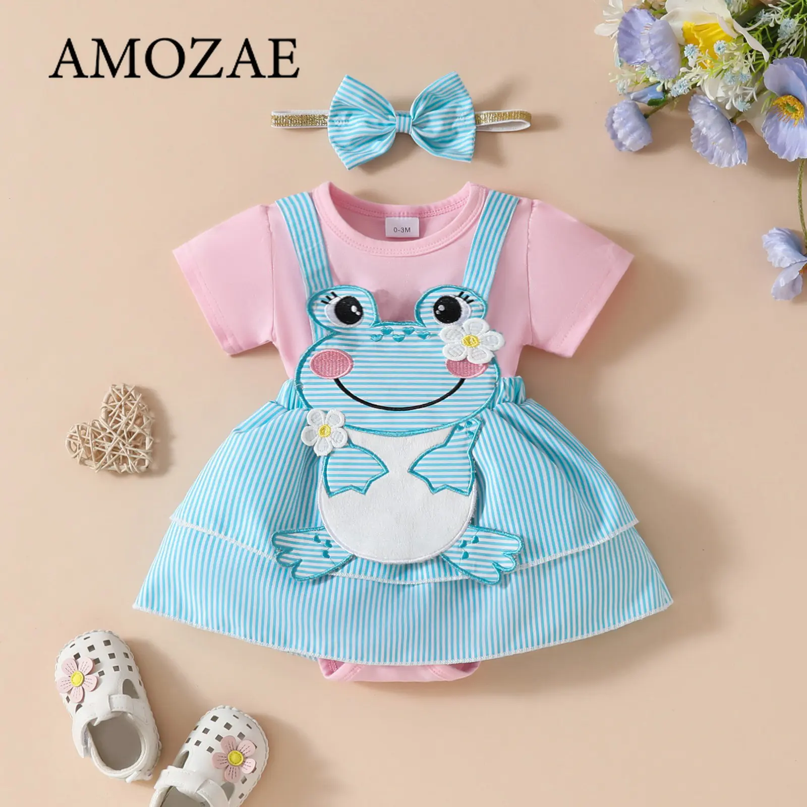 Newborn Baby Girls Cute Cartoon Bear and Bow Tie Baby Crawl Dress Short Sleeves Stripe Design Colours are Interspersed