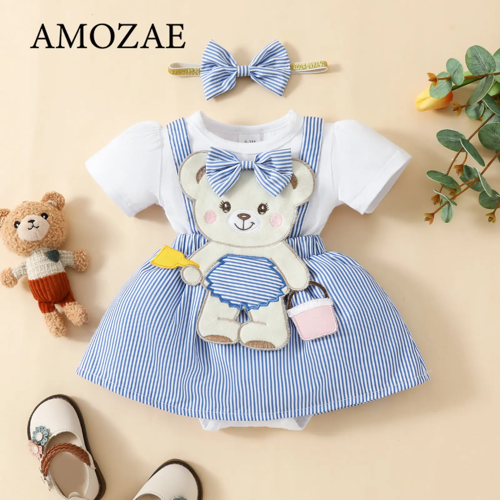 Newborn Baby Girls Cute Cartoon Bear and Bow Tie Baby Crawl Dress Short Sleeves Stripe Design Colours are Interspersed