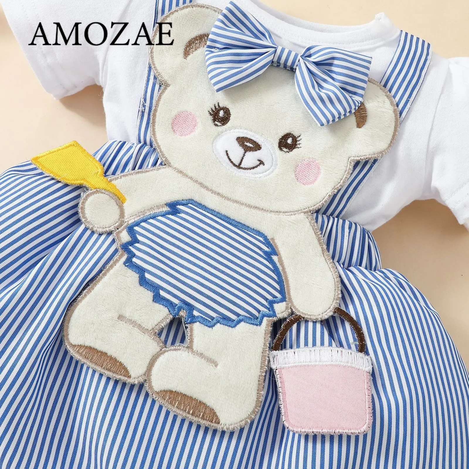 Newborn Baby Girls Cute Cartoon Bear and Bow Tie Baby Crawl Dress Short Sleeves Stripe Design Colours are Interspersed