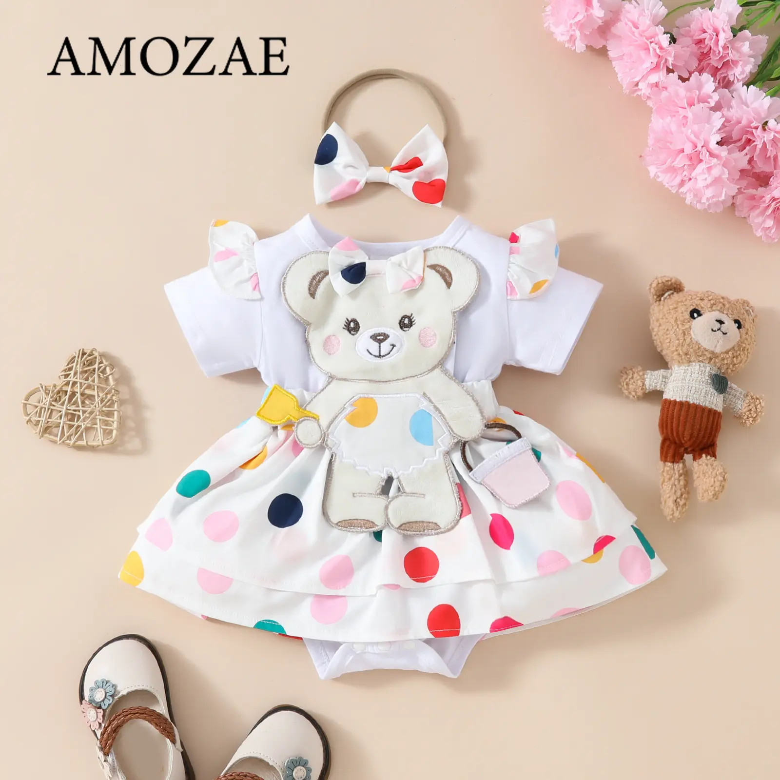 Newborn Baby Girls Cute Cartoon Bear and Bow Tie Baby Crawl Dress Short Sleeves Stripe Design Colours are Interspersed
