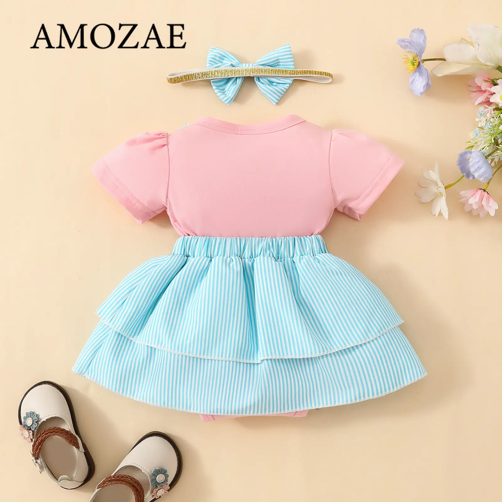 Newborn Baby Girls Cute Cartoon Bear and Bow Tie Baby Crawl Dress Short Sleeves Stripe Design Colours are Interspersed