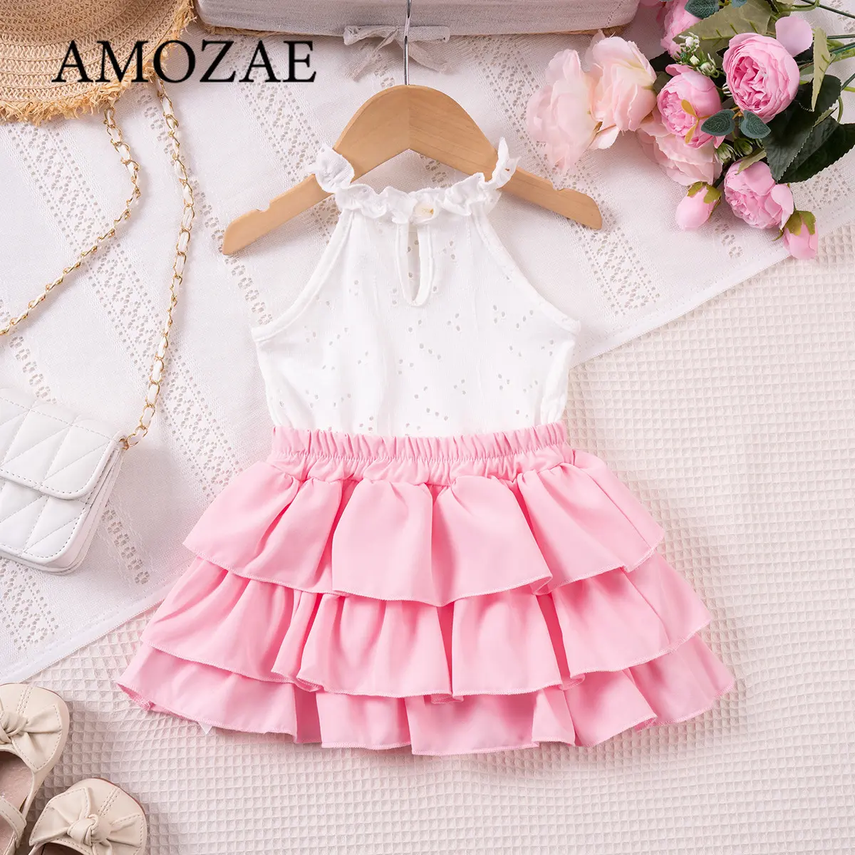 2PCS Summer New Style for 1-6 Year Old Girls Comfortable Sweet Round Neck Lace Hollow Out Sleeveless+bow Tie Short Skirt Set