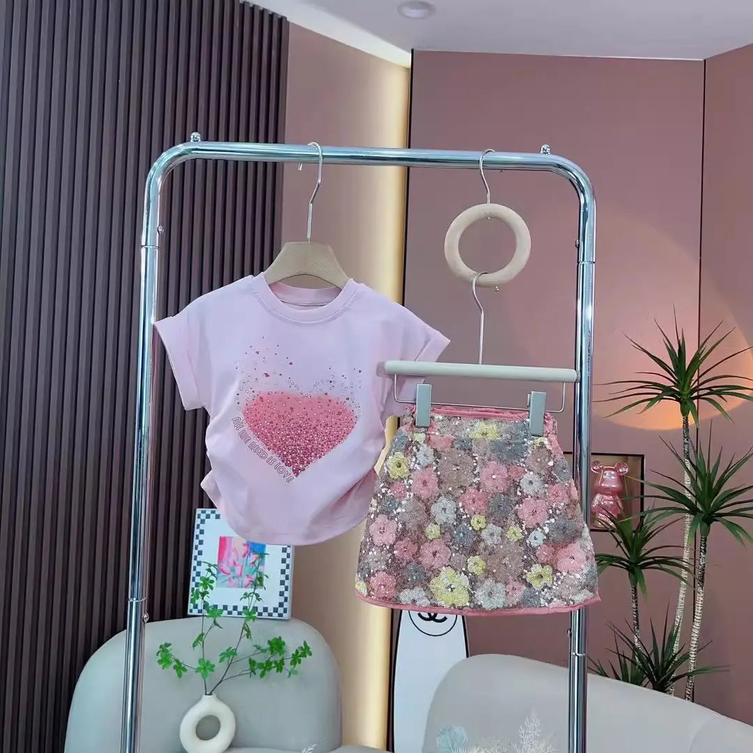Summer New Children's Clothing Sets Kids Flower Print Short Sleeve Cotton T Shirt and  Sequined Skirt 2 Pcs Suit Fashionable