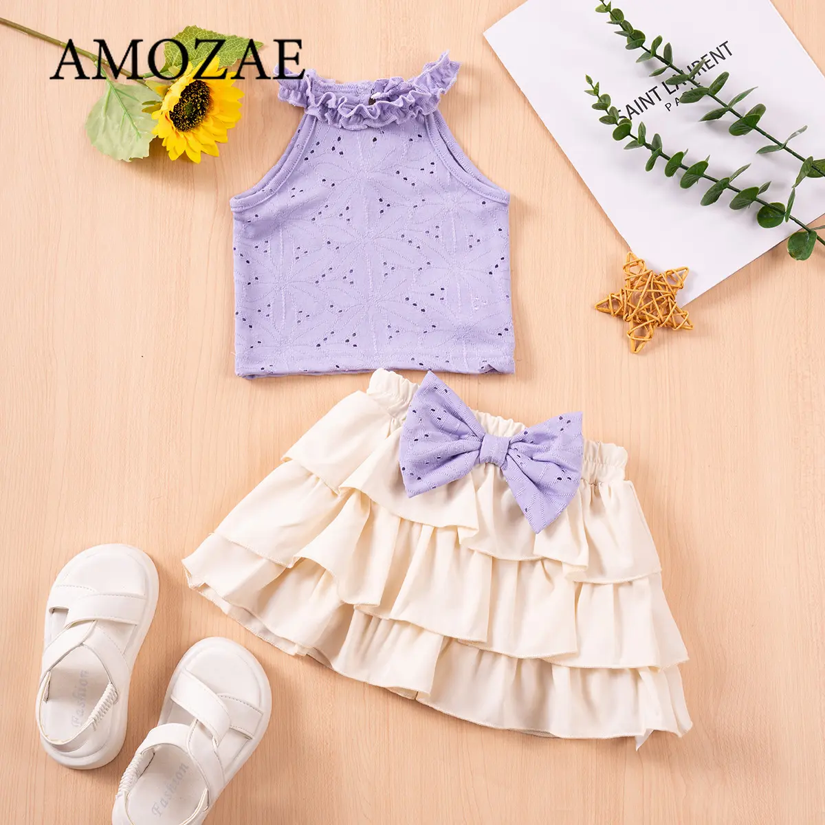 2PCS Summer New Style for 1-6 Year Old Girls Comfortable Sweet Round Neck Lace Hollow Out Sleeveless+bow Tie Short Skirt Set