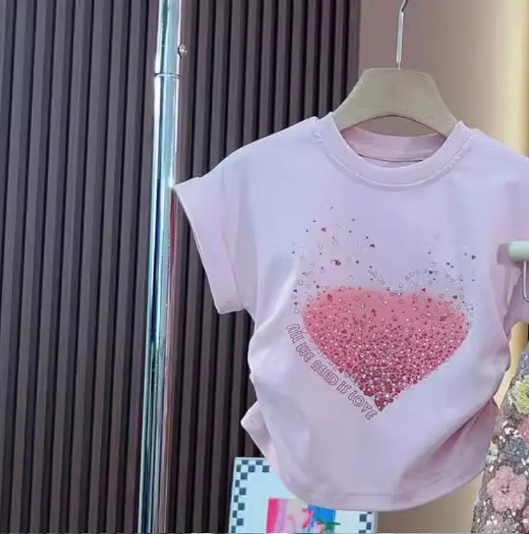 Summer New Children's Clothing Sets Kids Flower Print Short Sleeve Cotton T Shirt and  Sequined Skirt 2 Pcs Suit Fashionable