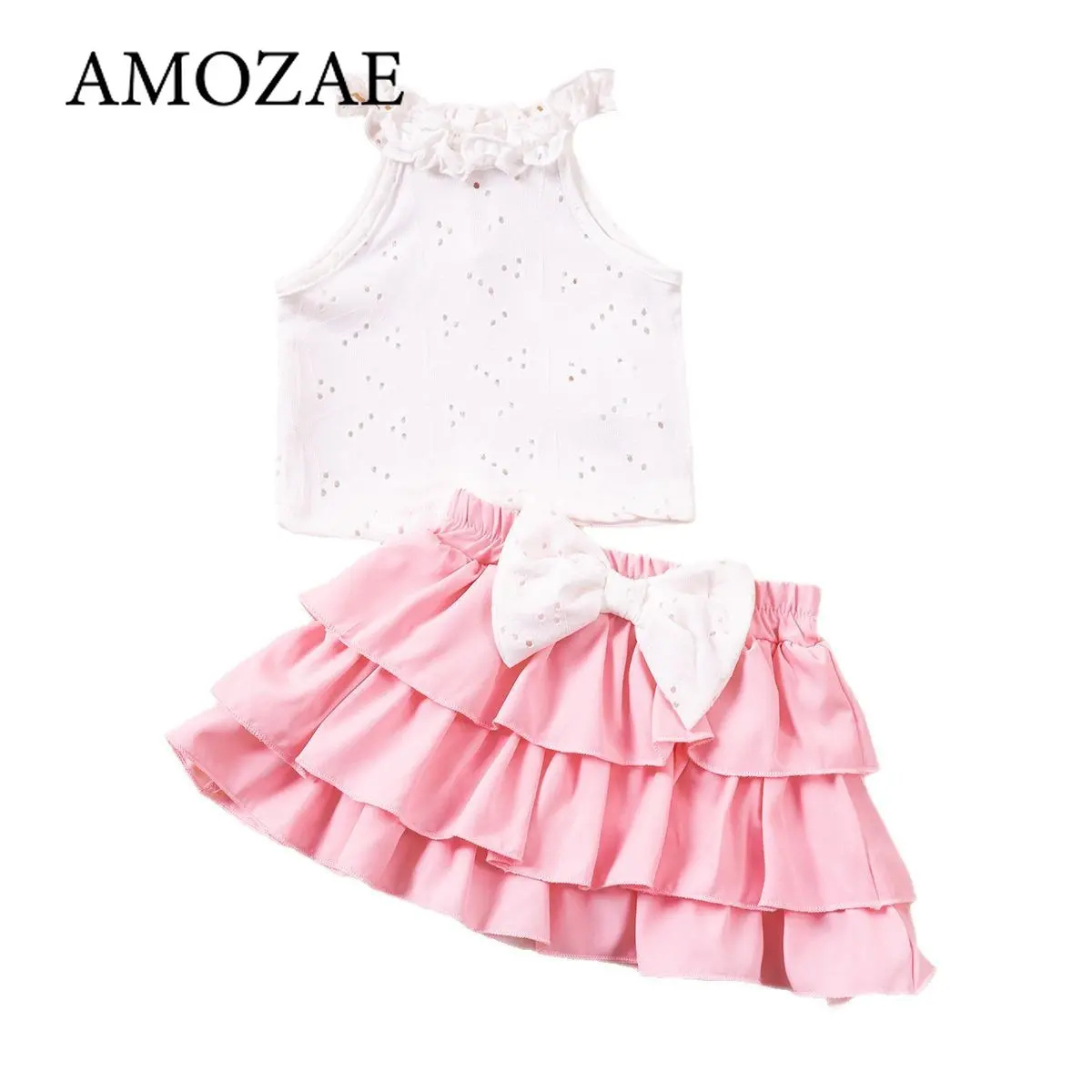 2PCS Summer New Style for 1-6 Year Old Girls Comfortable Sweet Round Neck Lace Hollow Out Sleeveless+bow Tie Short Skirt Set