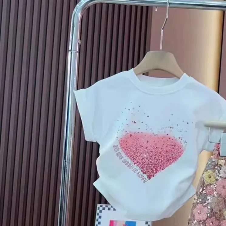 Summer New Children's Clothing Sets Kids Flower Print Short Sleeve Cotton T Shirt and  Sequined Skirt 2 Pcs Suit Fashionable
