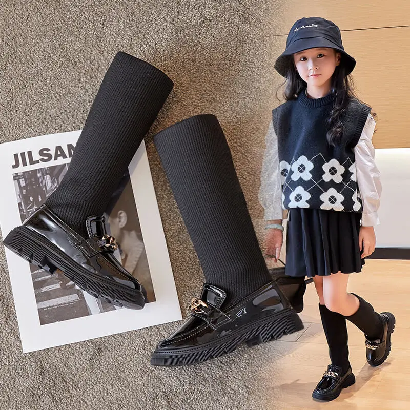 New Winter Children Korean Over-the-Knee Boots for Girls with Metal Chain Thick Bottom Fashion Socks Boots Chic Casual Shoe