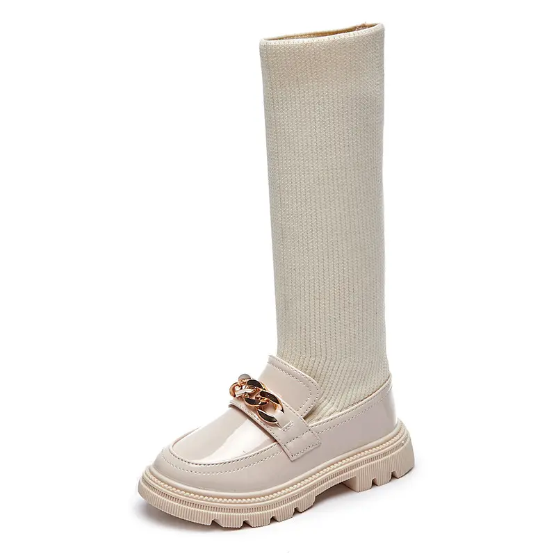 New Winter Children Korean Over-the-Knee Boots for Girls with Metal Chain Thick Bottom Fashion Socks Boots Chic Casual Shoe