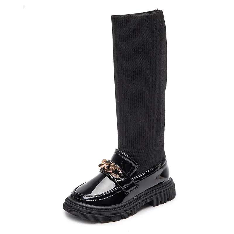 New Winter Children Korean Over-the-Knee Boots for Girls with Metal Chain Thick Bottom Fashion Socks Boots Chic Casual Shoe