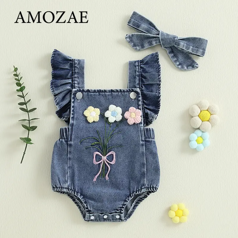 New Baby Girl Summer Outfits Ruffle Sleeveless Square Neck Denim Romper with Headband Set Newborn Clothes