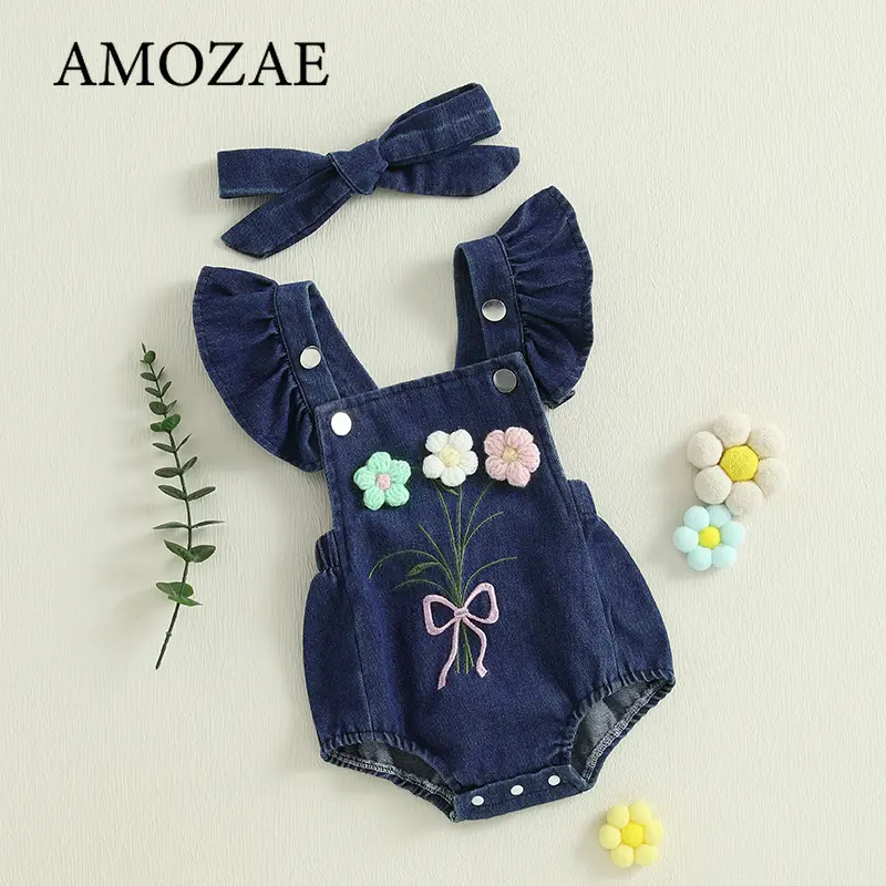 New Baby Girl Summer Outfits Ruffle Sleeveless Square Neck Denim Romper with Headband Set Newborn Clothes
