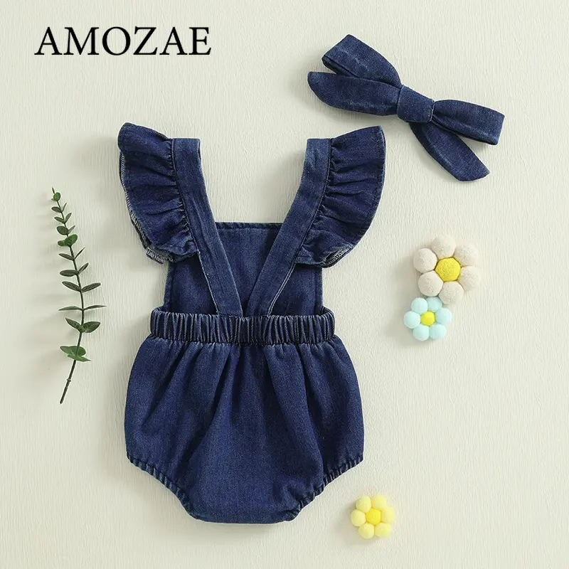 New Baby Girl Summer Outfits Ruffle Sleeveless Square Neck Denim Romper with Headband Set Newborn Clothes