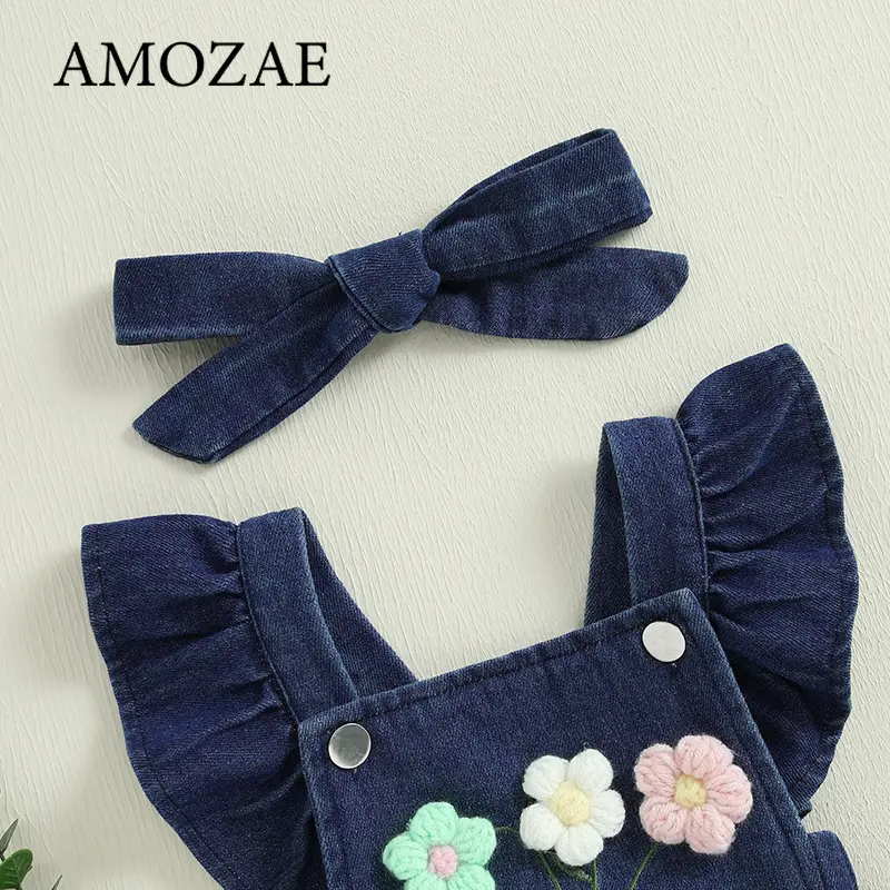 New Baby Girl Summer Outfits Ruffle Sleeveless Square Neck Denim Romper with Headband Set Newborn Clothes