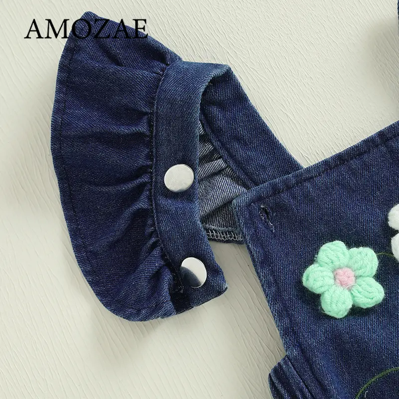 New Baby Girl Summer Outfits Ruffle Sleeveless Square Neck Denim Romper with Headband Set Newborn Clothes