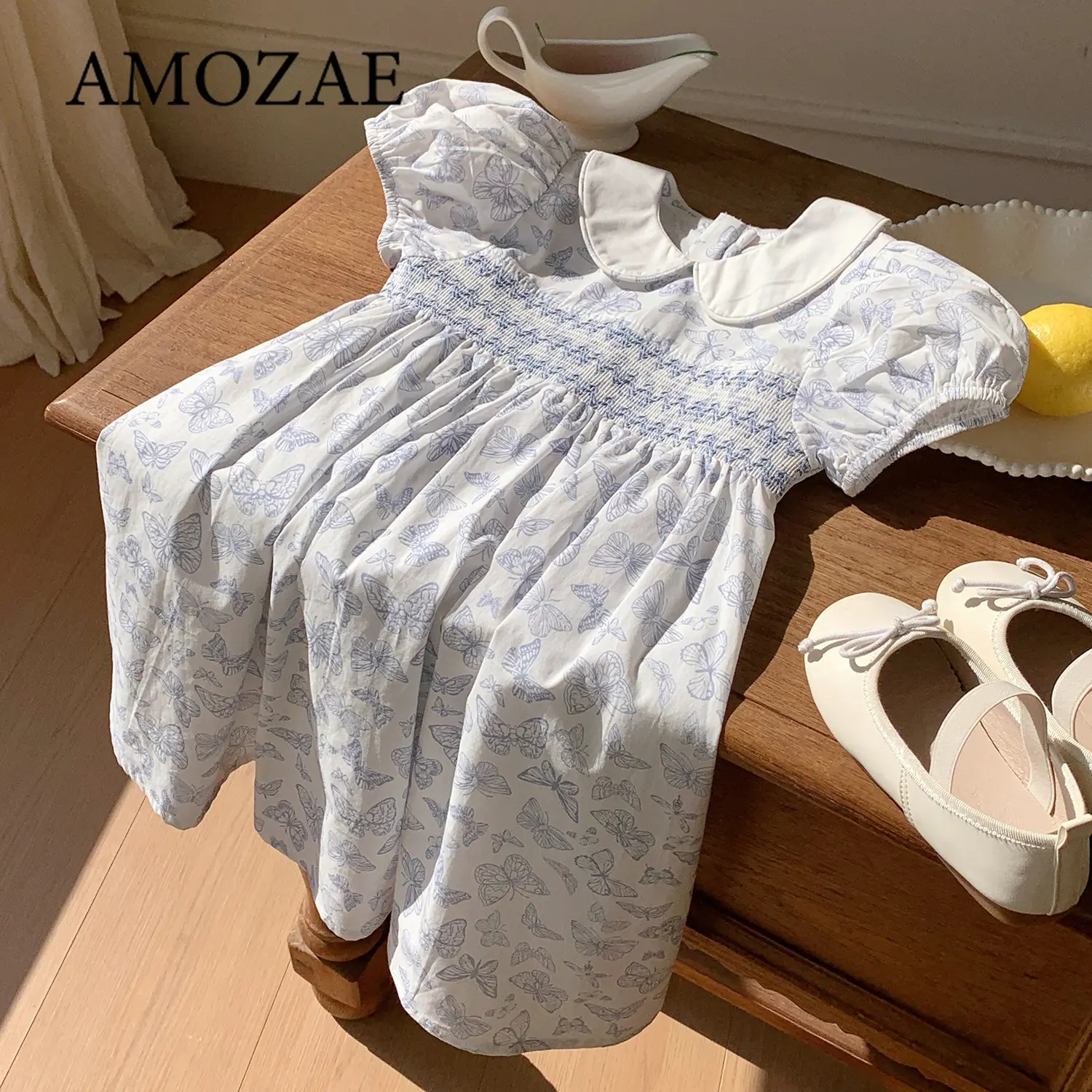 Baby Girls Princess Dresses New Summer Clothes Cotton Puff Sleeve Butterfly Print Toddlers Vacation Kids Cotton Cute Dress