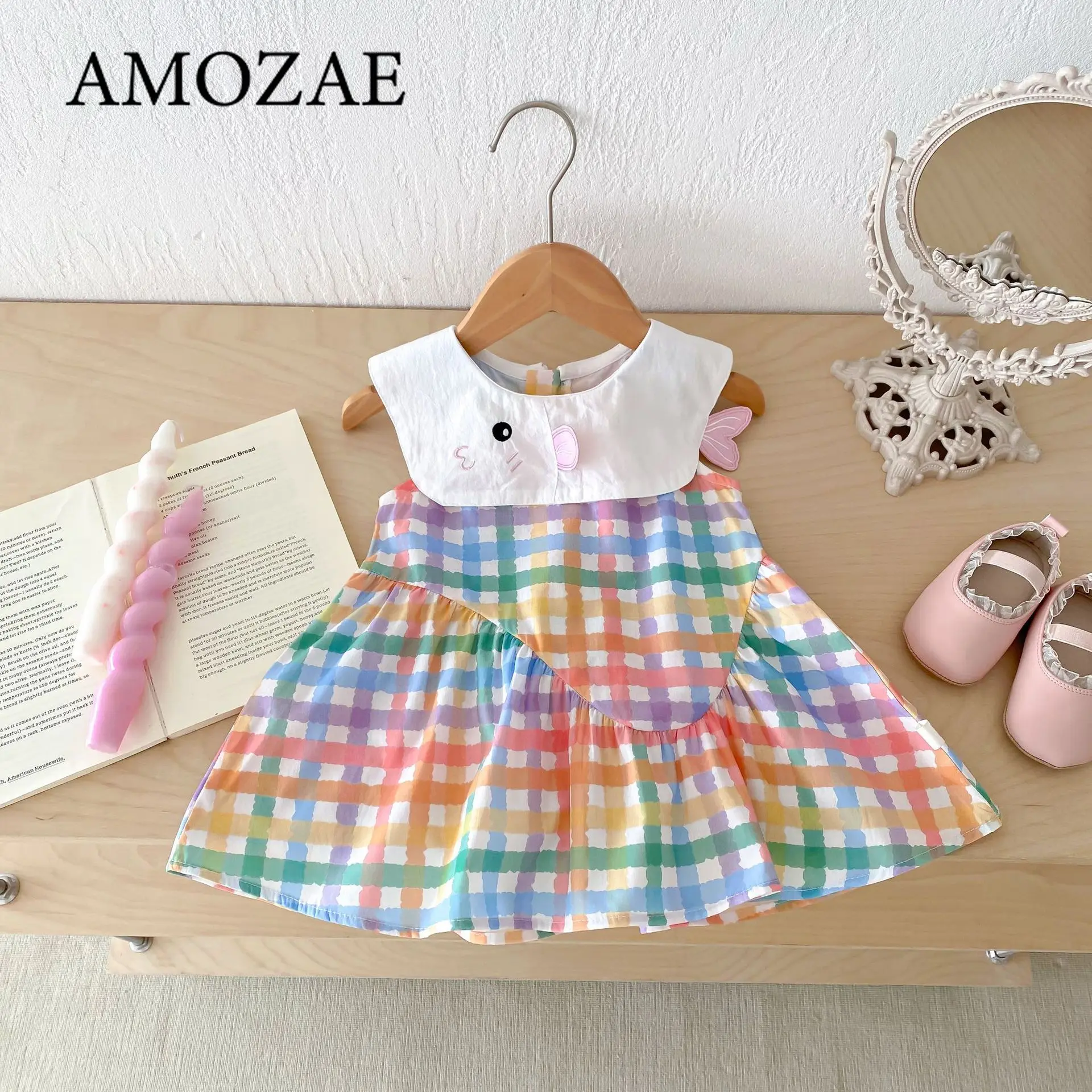 Summer New Cute Colorful Checkered Baby Girl Dress White Collar Children'S Sleeveless Clothes Dress