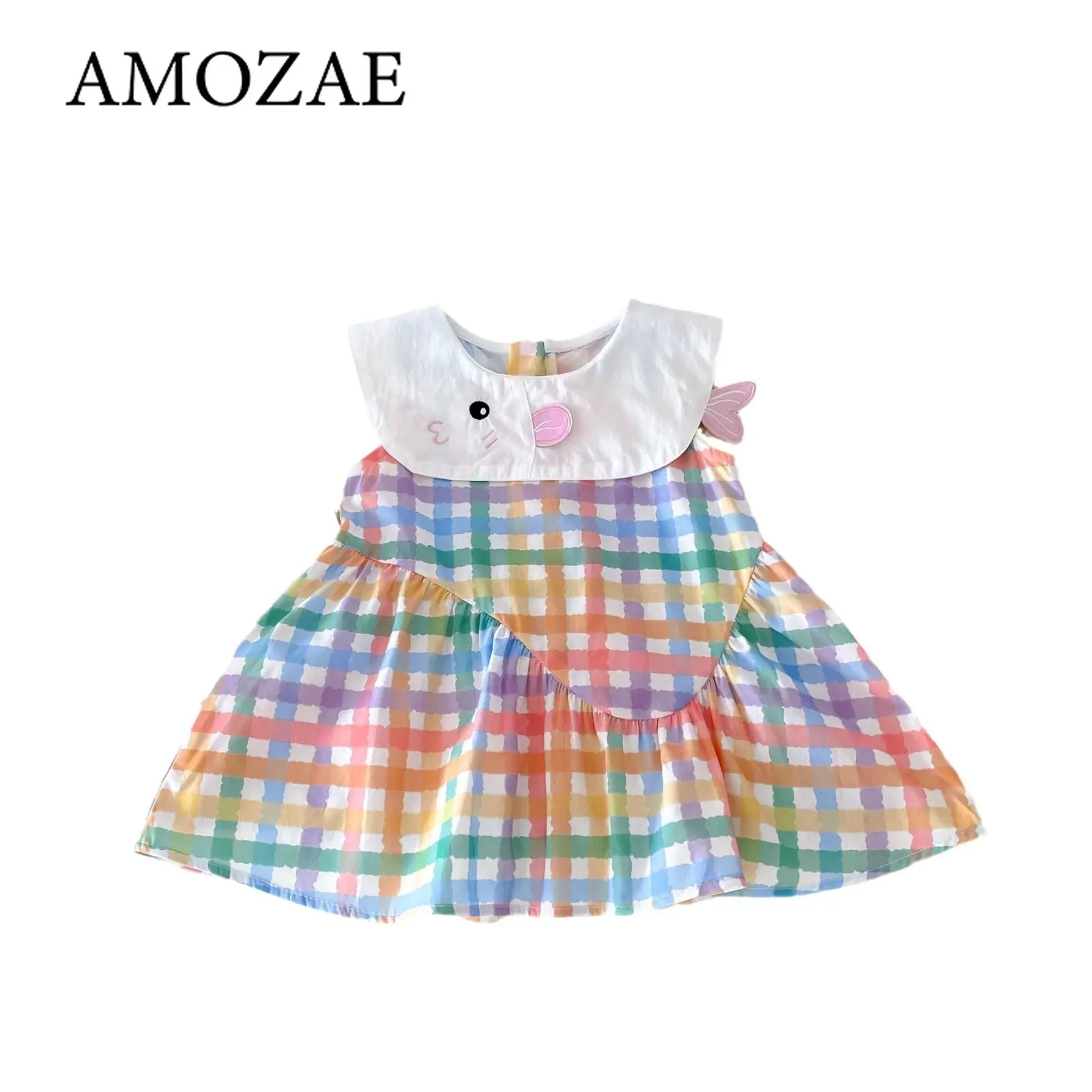 Summer New Cute Colorful Checkered Baby Girl Dress White Collar Children'S Sleeveless Clothes Dress